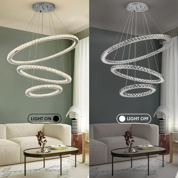 LED Chandelier, Modern Ceiling Light Fixture with 3 Crystal Chandelier Lighting Rings, DIY & 3-Color Changing Adjustable Chandeliers for Living Room Dining Room Kitchen, D 12"-20"-28"