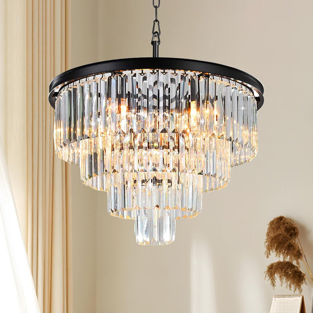 DSRJ Luxury Crystal Chandelier Modern Black round Chandeliers Raindrop Pendant Ceiling Lighting 9-Lights for Dining Rooms Entryway Living Room Foyer Dia24"