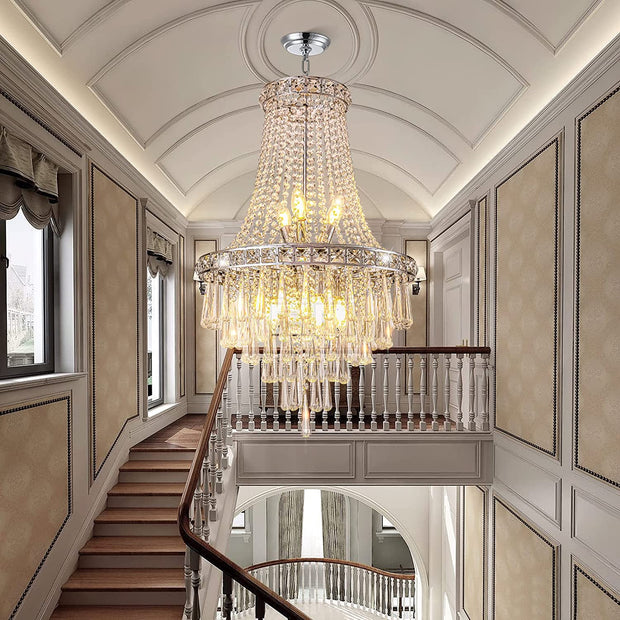 Crystal Chandeliers for Foyer Entryway Luxury K9 Modern Chandelier Lighting Silver 9-Light Bulb Apply Ceiling Hanging Dining Room and Living Room