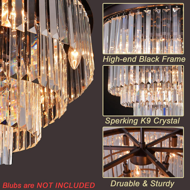 DSRJ Luxury Crystal Chandelier Modern Black round Chandeliers Raindrop Pendant Ceiling Lighting 9-Lights for Dining Rooms Entryway Living Room Foyer Dia24"